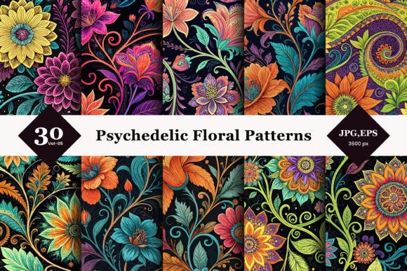 Psychedelic Floral Seamless Patterns 05